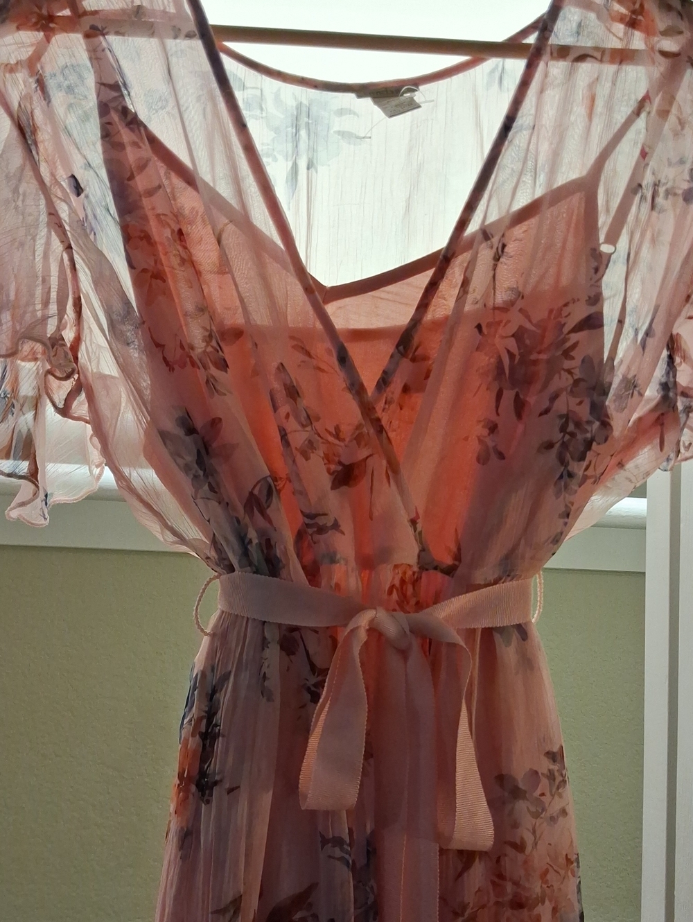 ALEXANDRIA:PINK FLORAL CHIFFON MAXI DRESS W FLUTTER & FAUX WRAP BODIED & RIBBON